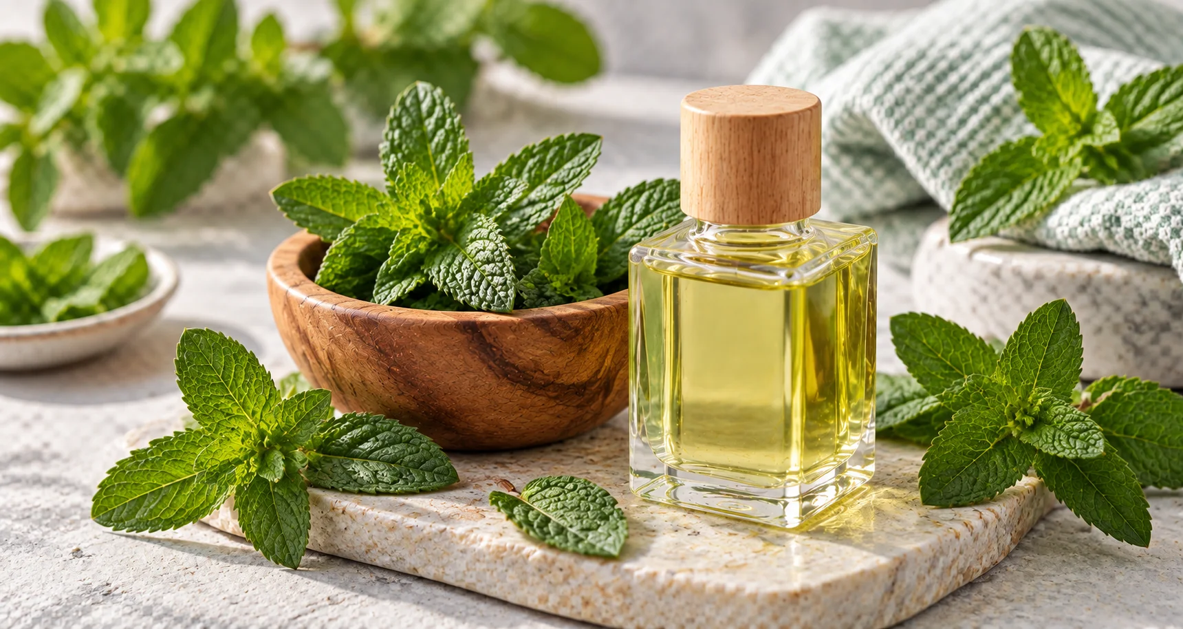 Fresh mint leaves in a wooden bowl next to a glass bottle of essential oil placed on a stone slab with a towel in the background.